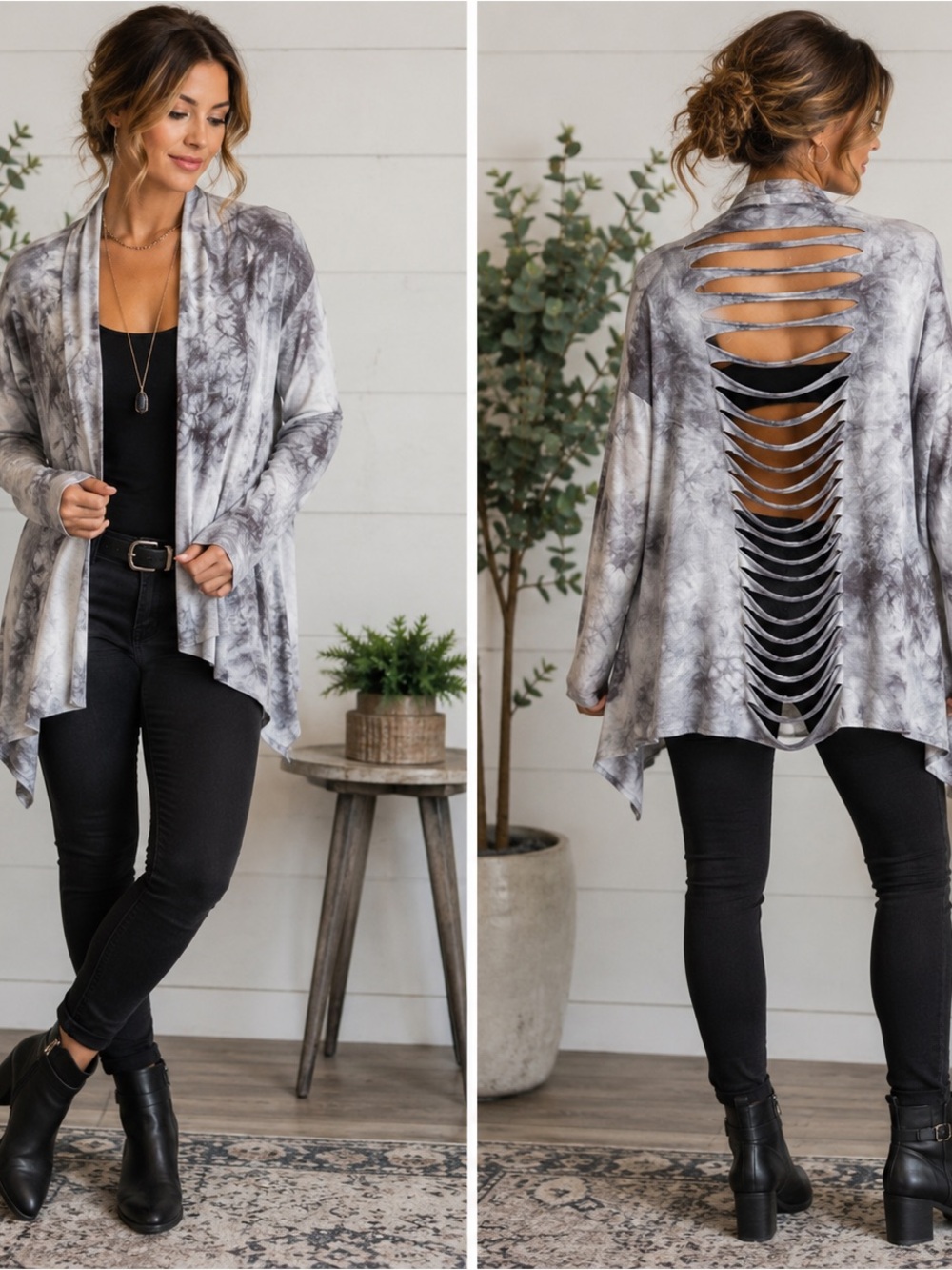 Dolled Up by F.A.N.G Slashed Back Tie Dye Open Front Cardigan Gray White Small